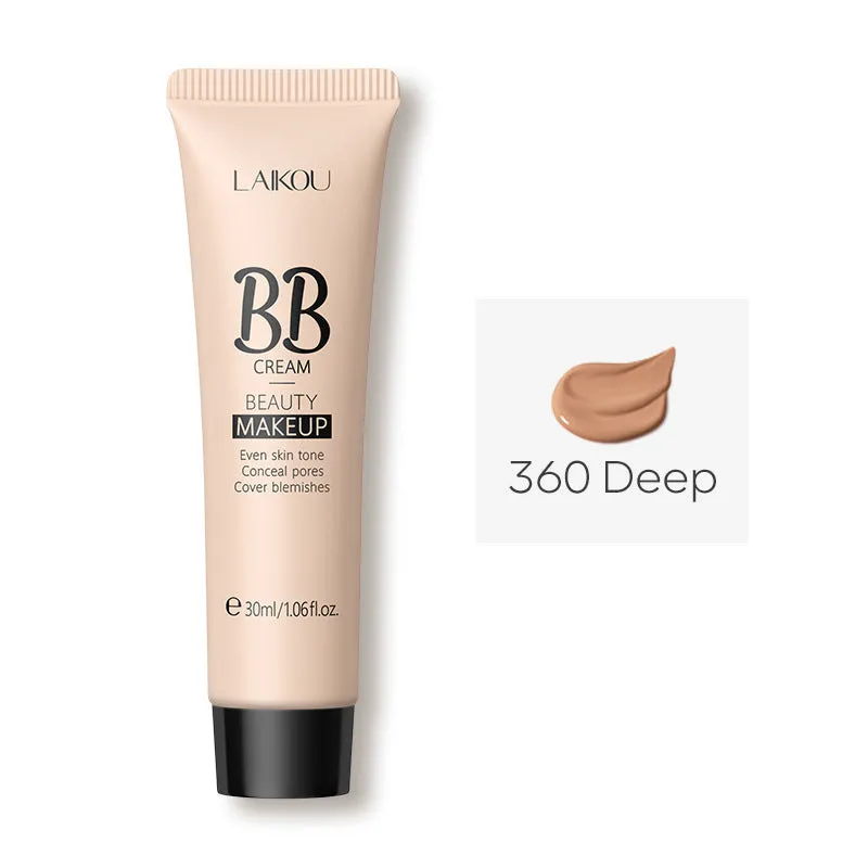 30ml tube of BB cream shown with swatches of its nine shades from light to dark.