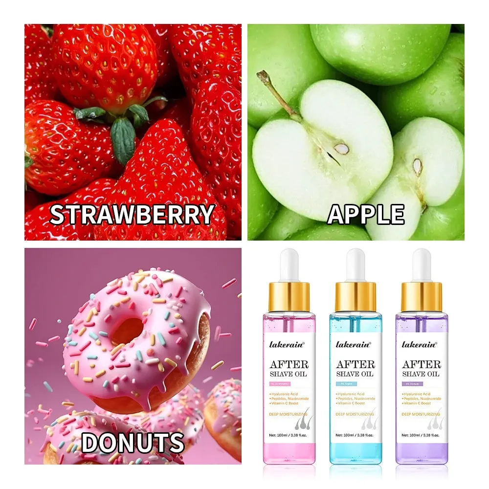 100g pogonotomy treatment oil in three flavours: Apple, Donut, Strawberry for skin moisturising and smoothing