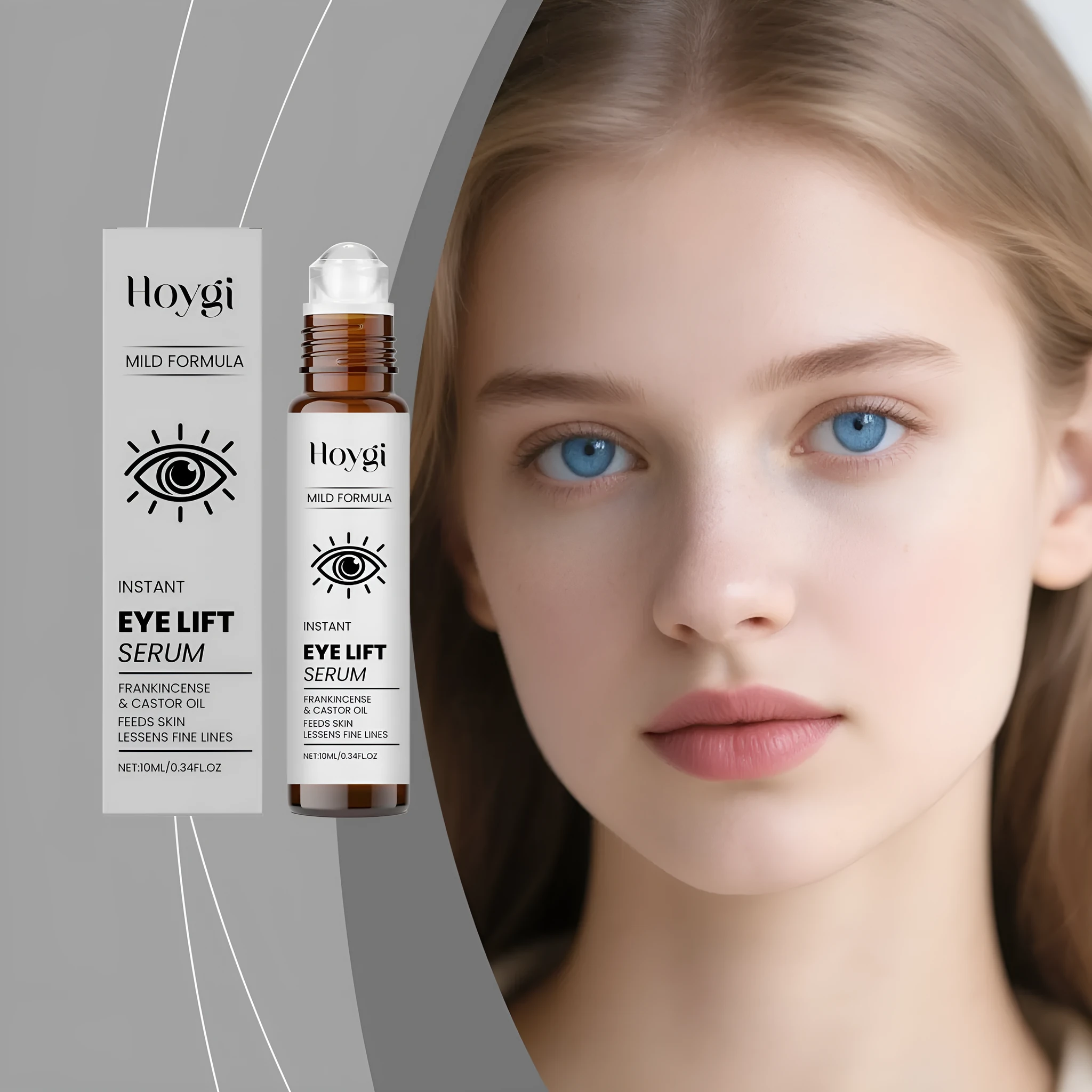 Eye firming liquid roll-on bottle with 10ml capacity, featuring frankincense and castor oil