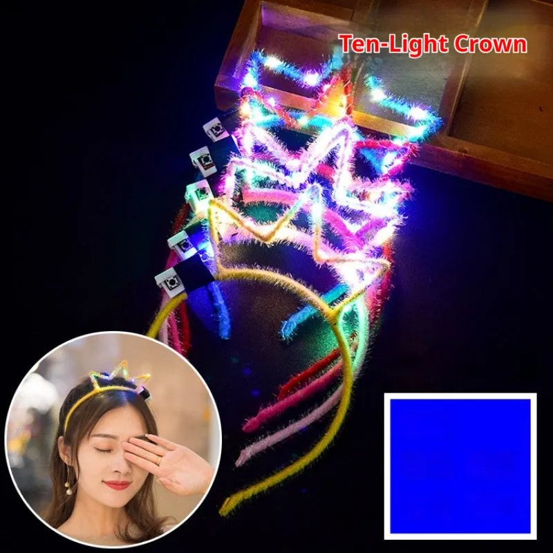 Glowing headdress antlers headband with LED lights on pink background, plastic construction with cat ears style