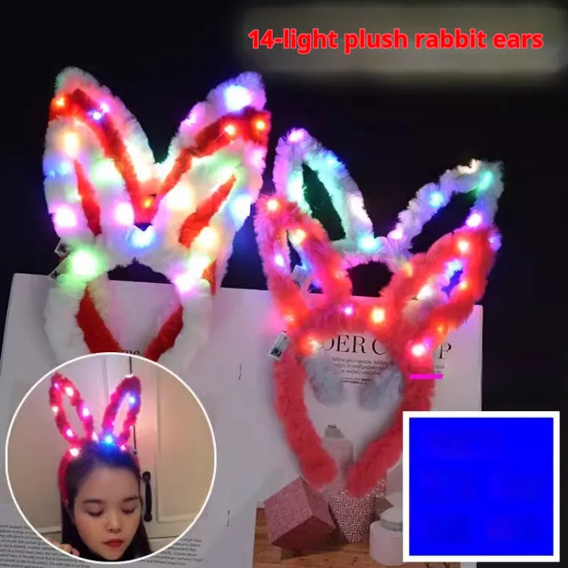 Glowing headdress antlers headband with LED lights on pink background, plastic construction with cat ears style