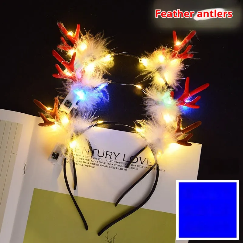 Glowing headdress antlers headband with LED lights on pink background, plastic construction with cat ears style