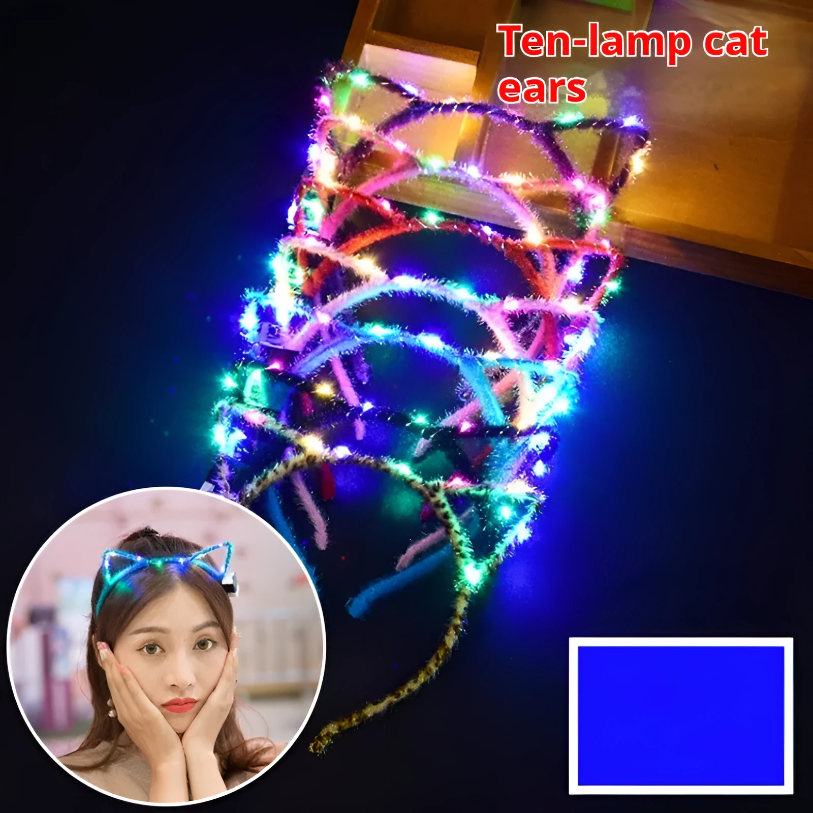 Glowing headdress antlers headband with LED lights on pink background, plastic construction with cat ears style