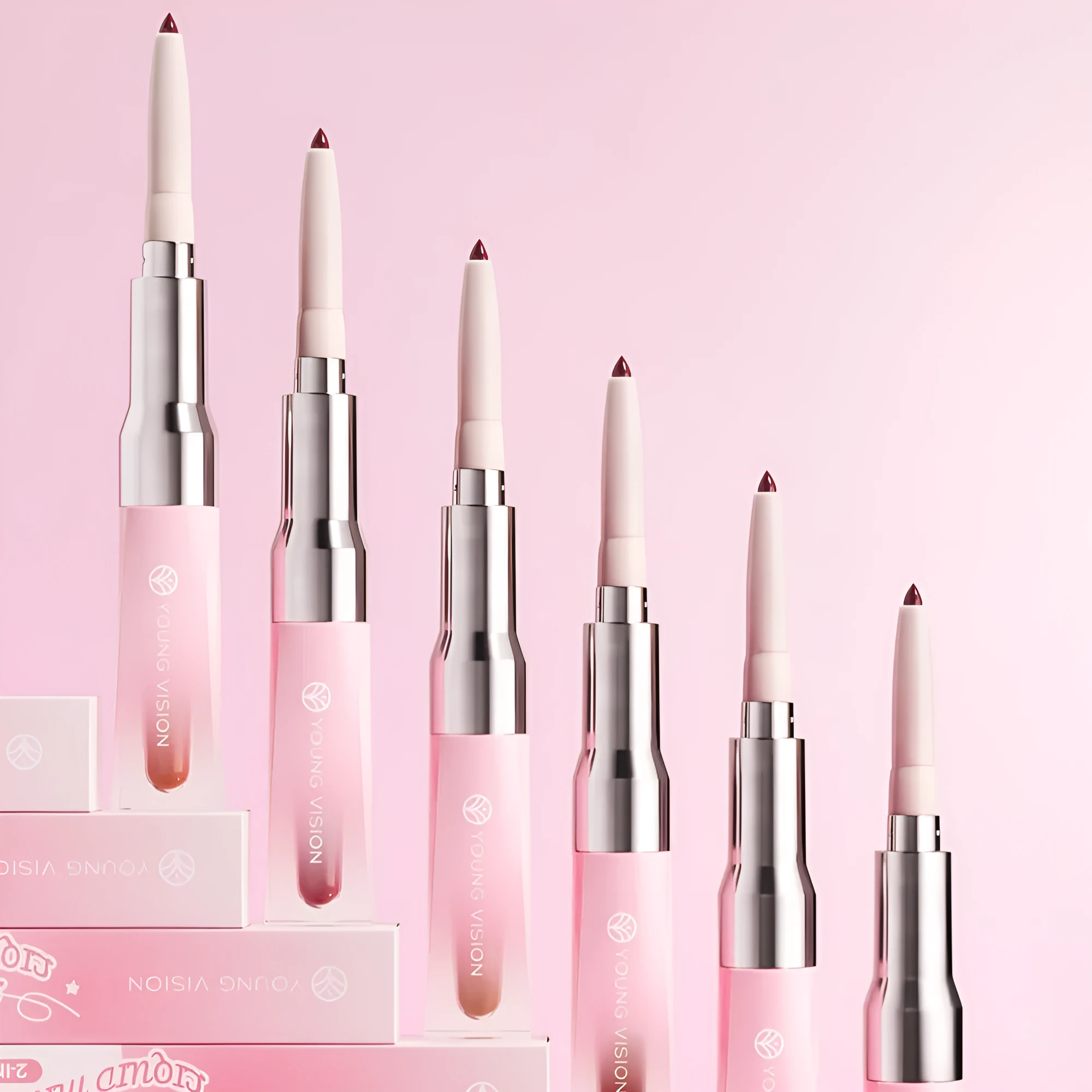 Double-headed lip liner and mirror lip gloss two-in-one with natural stereo effect, six colour options