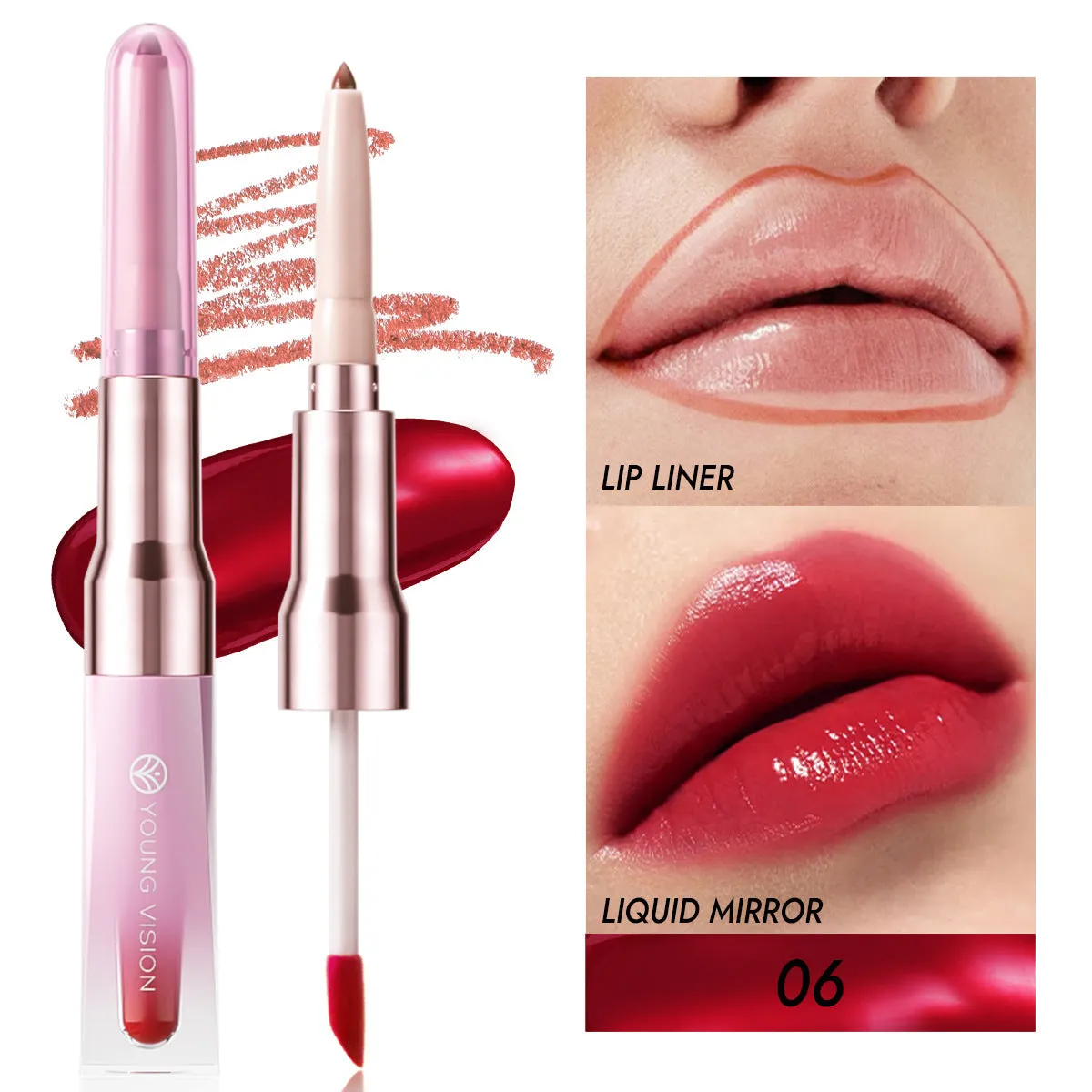Double-headed lip liner and mirror lip gloss two-in-one with natural stereo effect, six colour options