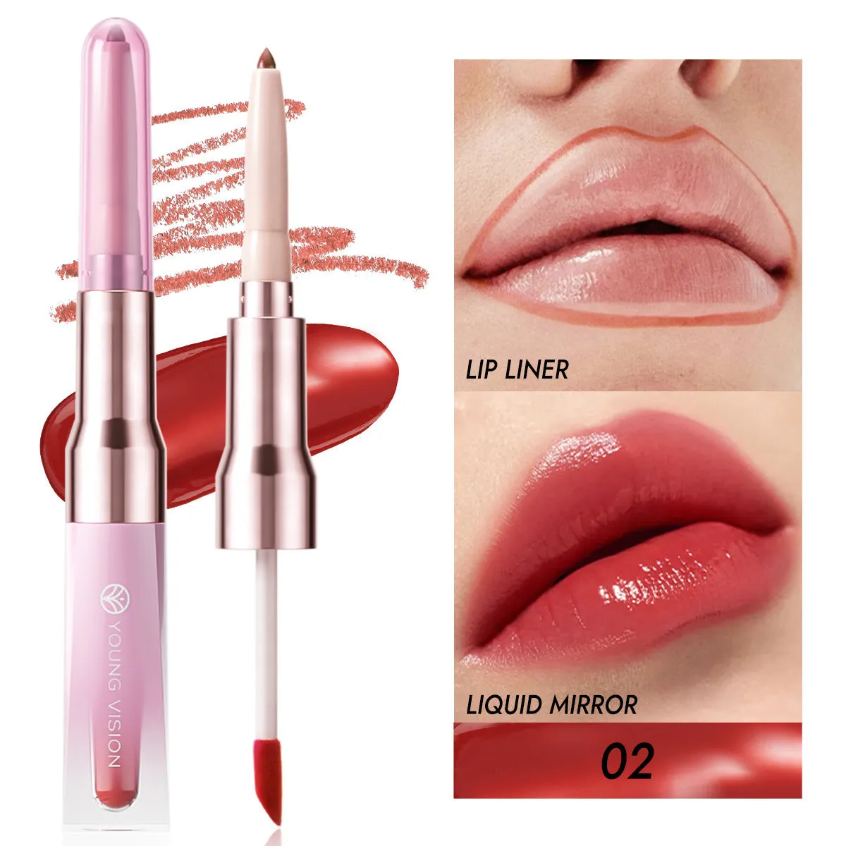 Double-headed lip liner and mirror lip gloss two-in-one with natural stereo effect, six colour options