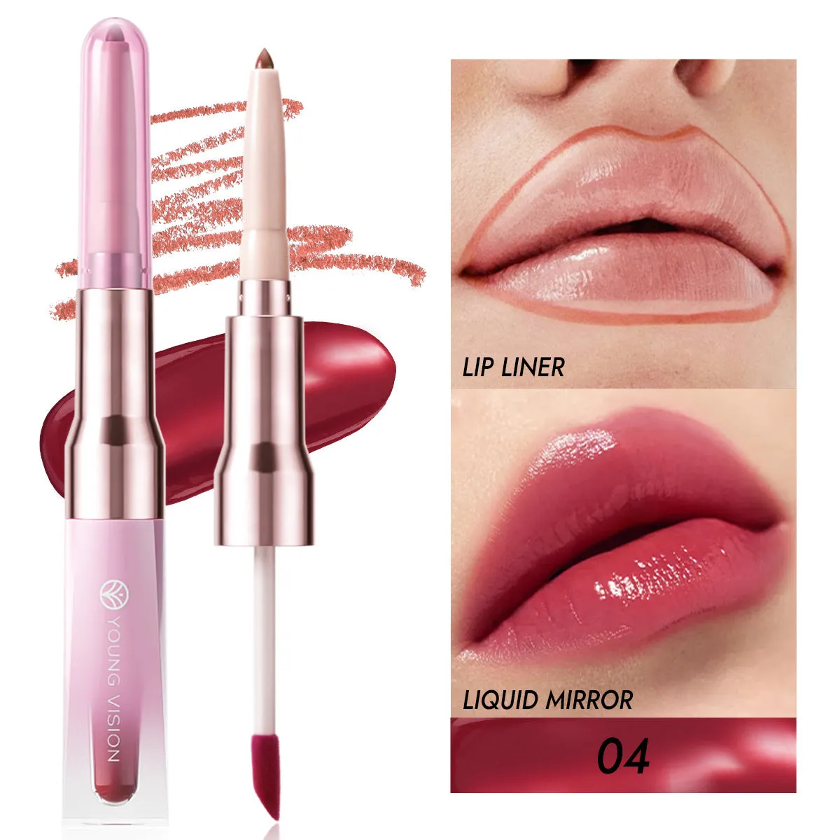 Double-headed lip liner and mirror lip gloss two-in-one with natural stereo effect, six colour options