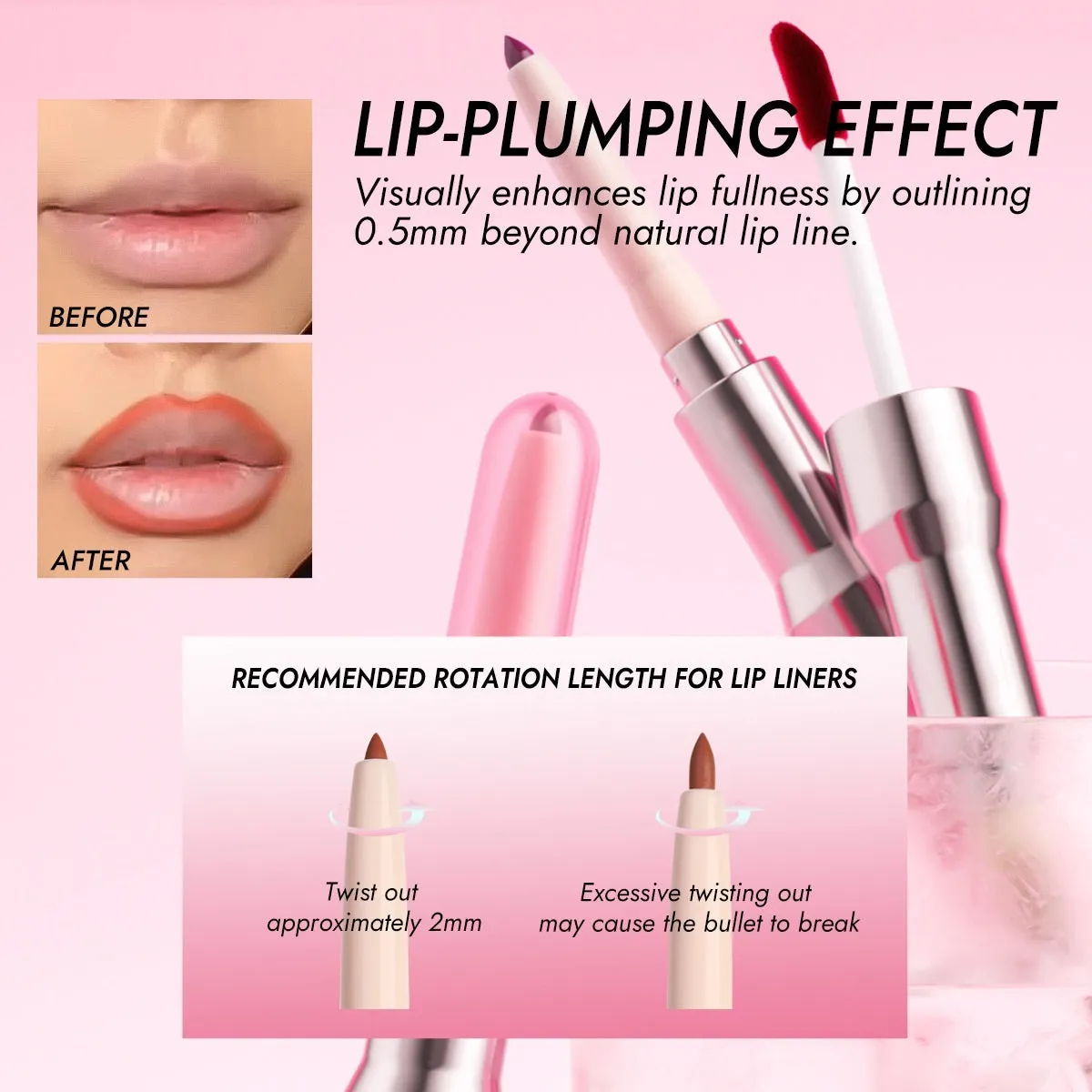 Double-headed lip liner and mirror lip gloss two-in-one with natural stereo effect, six colour options