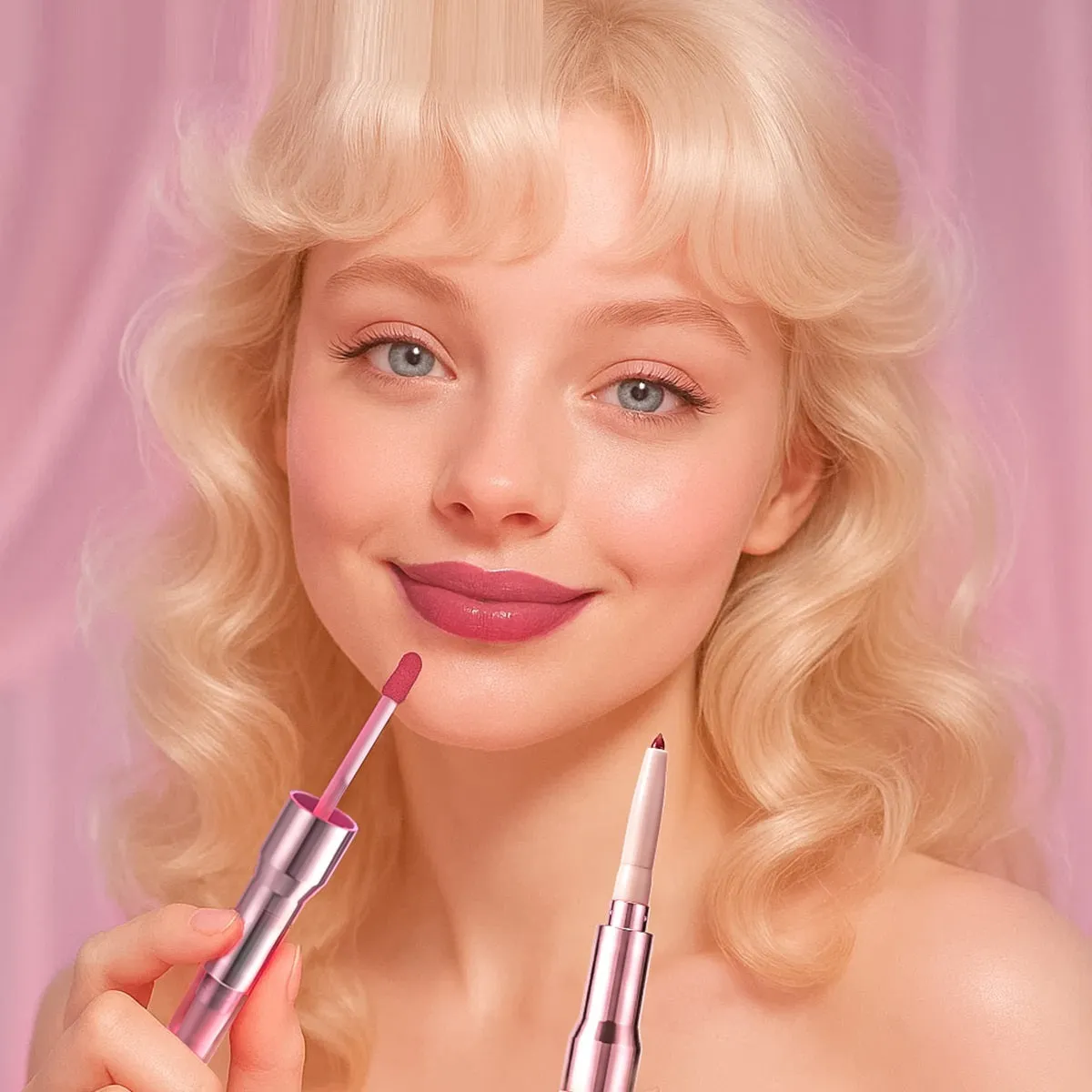 Double-headed lip liner and mirror lip gloss two-in-one with natural stereo effect, six colour options