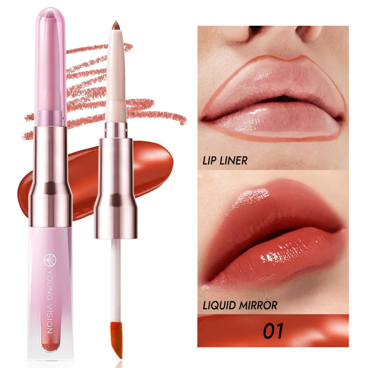 Double-headed lip liner and mirror lip gloss two-in-one with natural stereo effect, six colour options