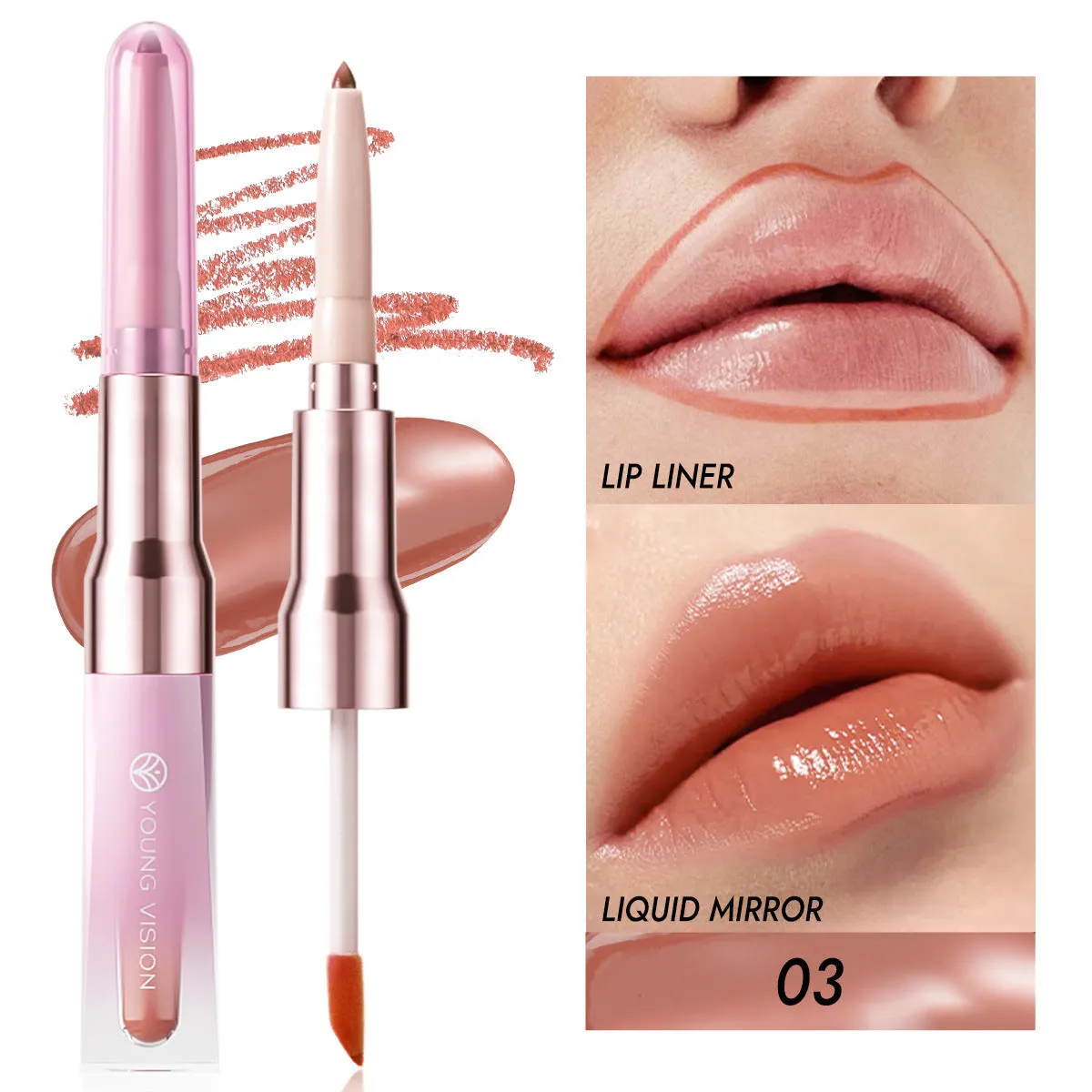 Double-headed lip liner and mirror lip gloss two-in-one with natural stereo effect, six colour options
