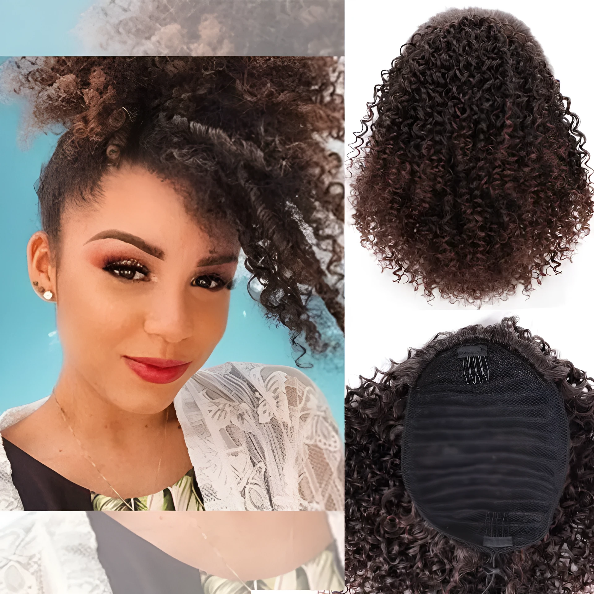 14-inch chemical fibre fluffy ponytail wig in black high temperature wire for women