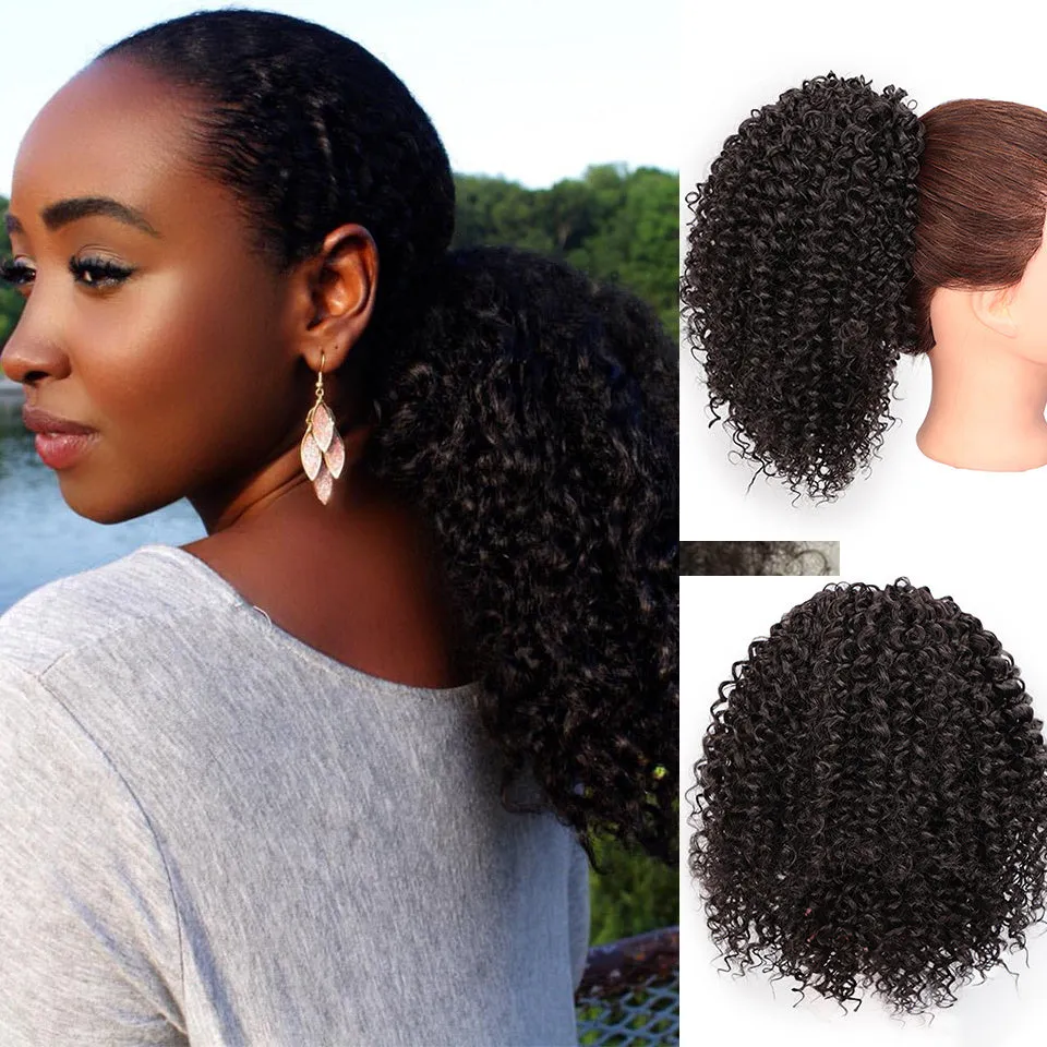 14-inch chemical fibre fluffy ponytail wig in black high temperature wire for women
