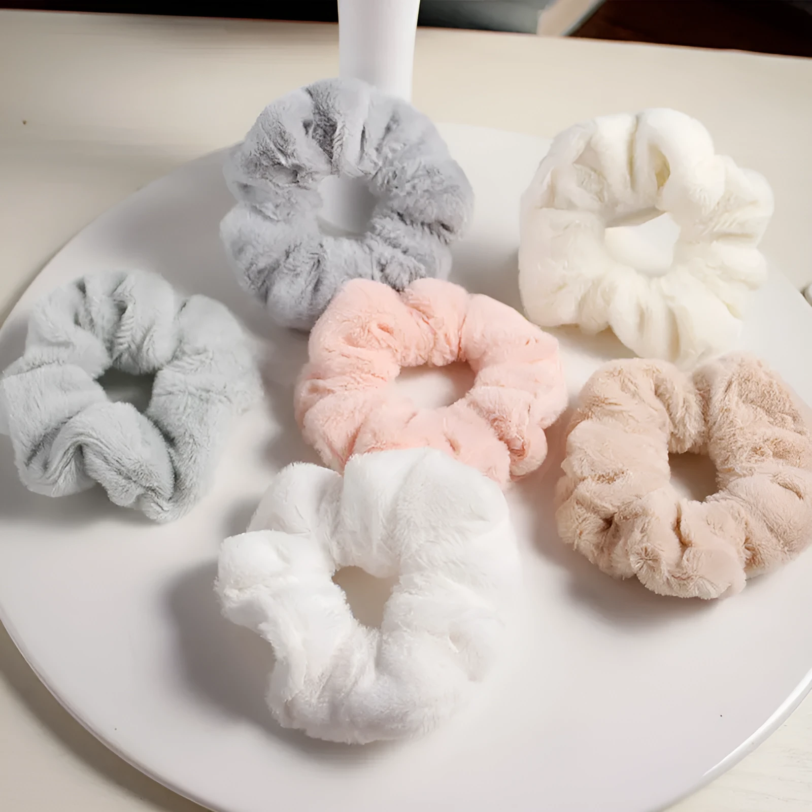 Girly cute plush large intestine hair tie in vintage geometry style, available in 9 colours including black and pink