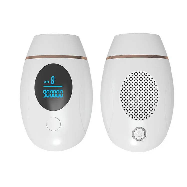 Green laser hair removal device with 900,000 flashes, power adapter, and English manual on white background
