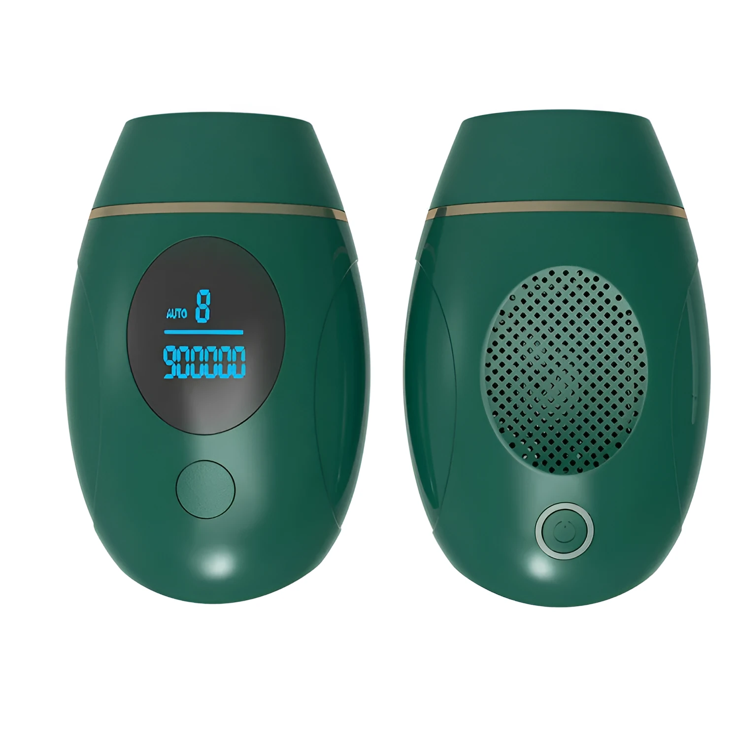 Green laser hair removal device with 900,000 flashes, power adapter, and English manual on white background
