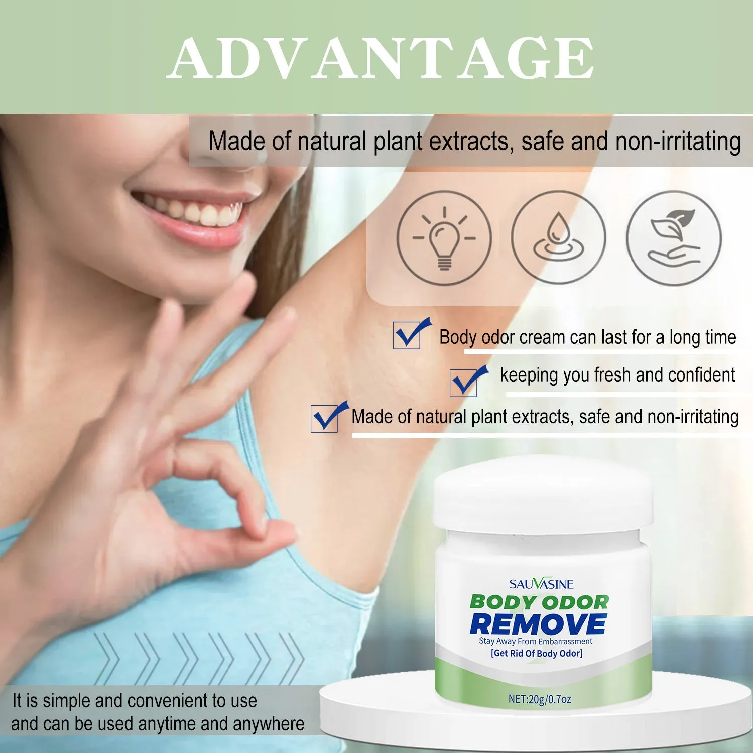 Body Care Body Odor Cream 20g in compact container with dimensions 4.3x4.4x5cm for portable daily use