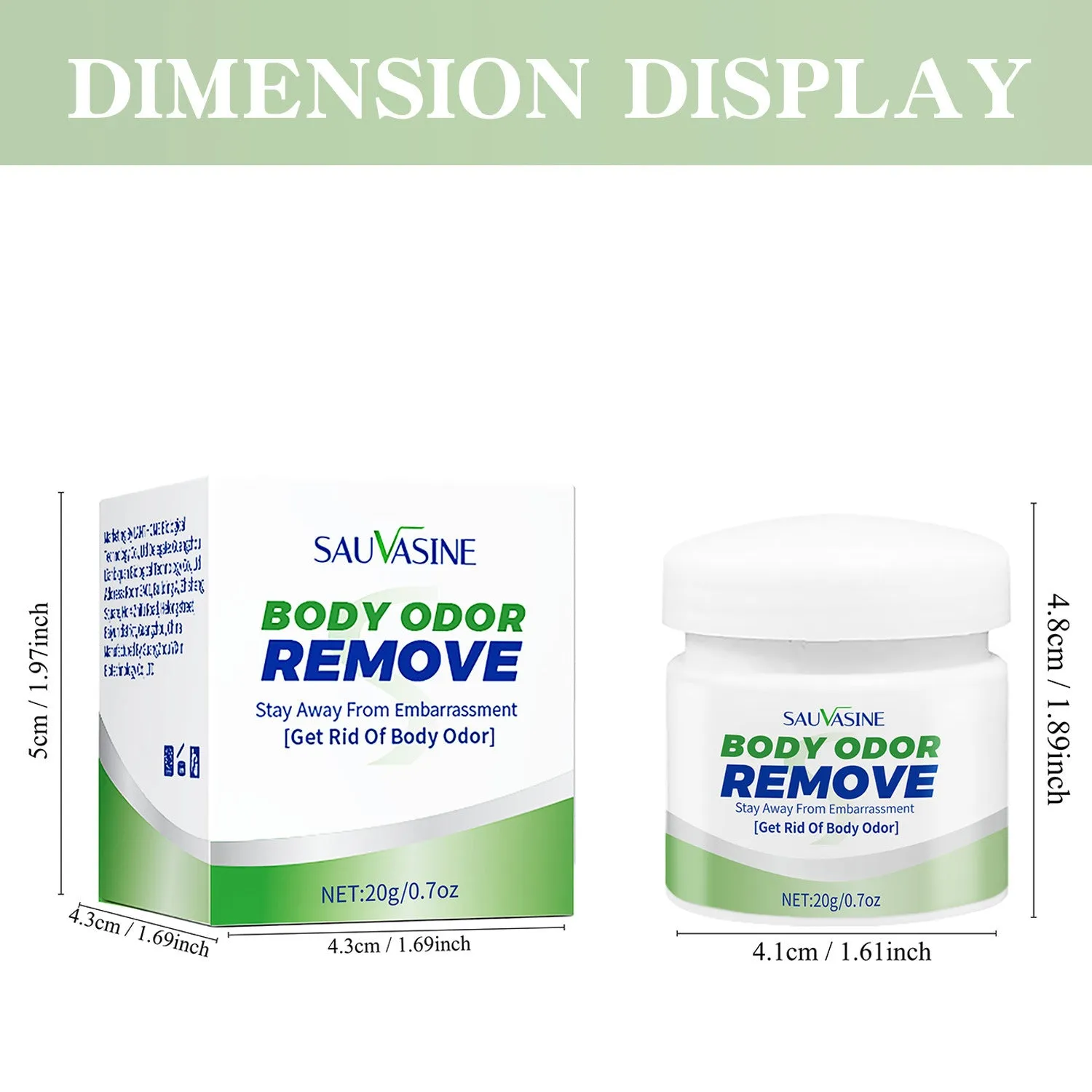 Body Care Body Odor Cream 20g in compact container with dimensions 4.3x4.4x5cm for portable daily use