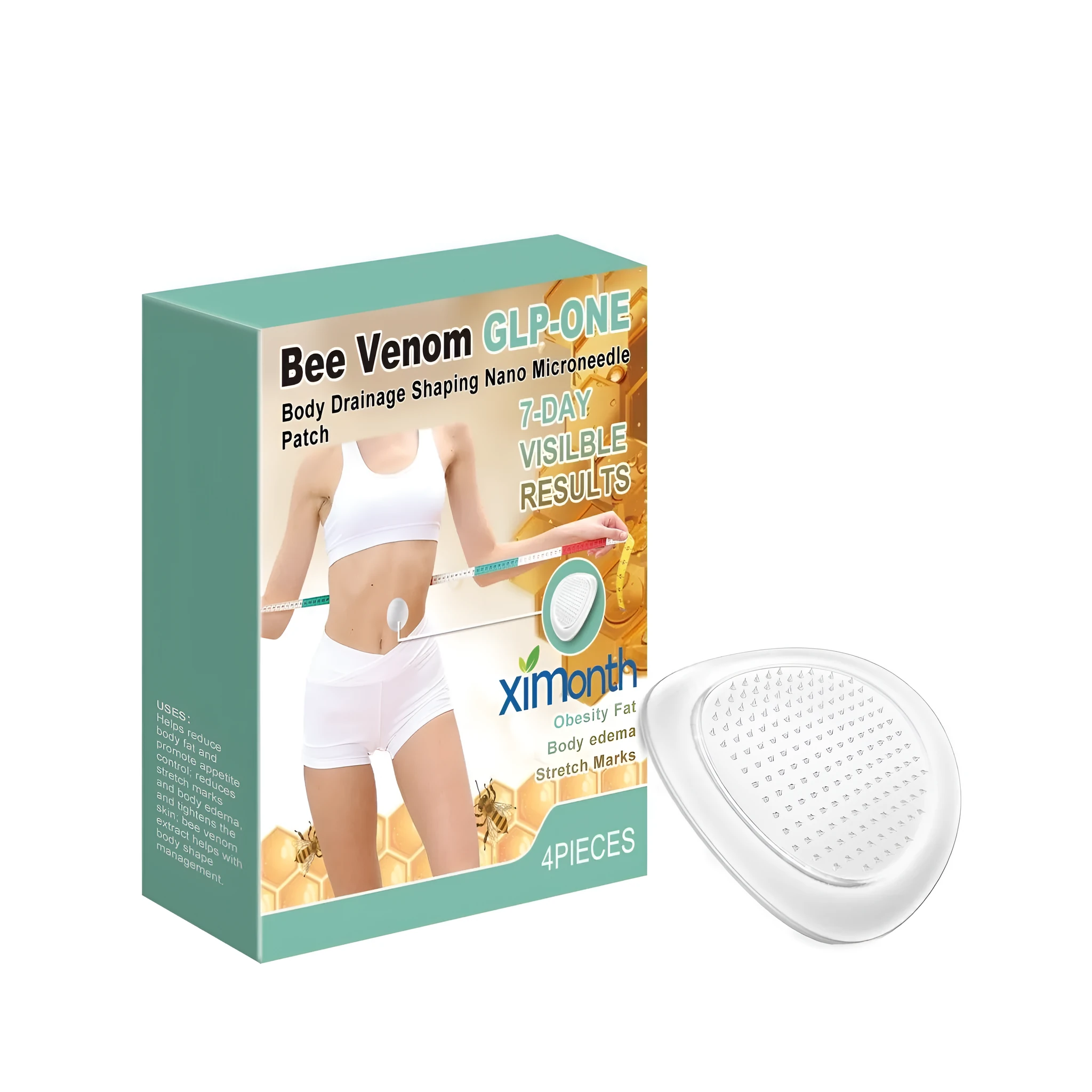 Pack of four white nano microneedle body shaping patches for drainage and contouring.