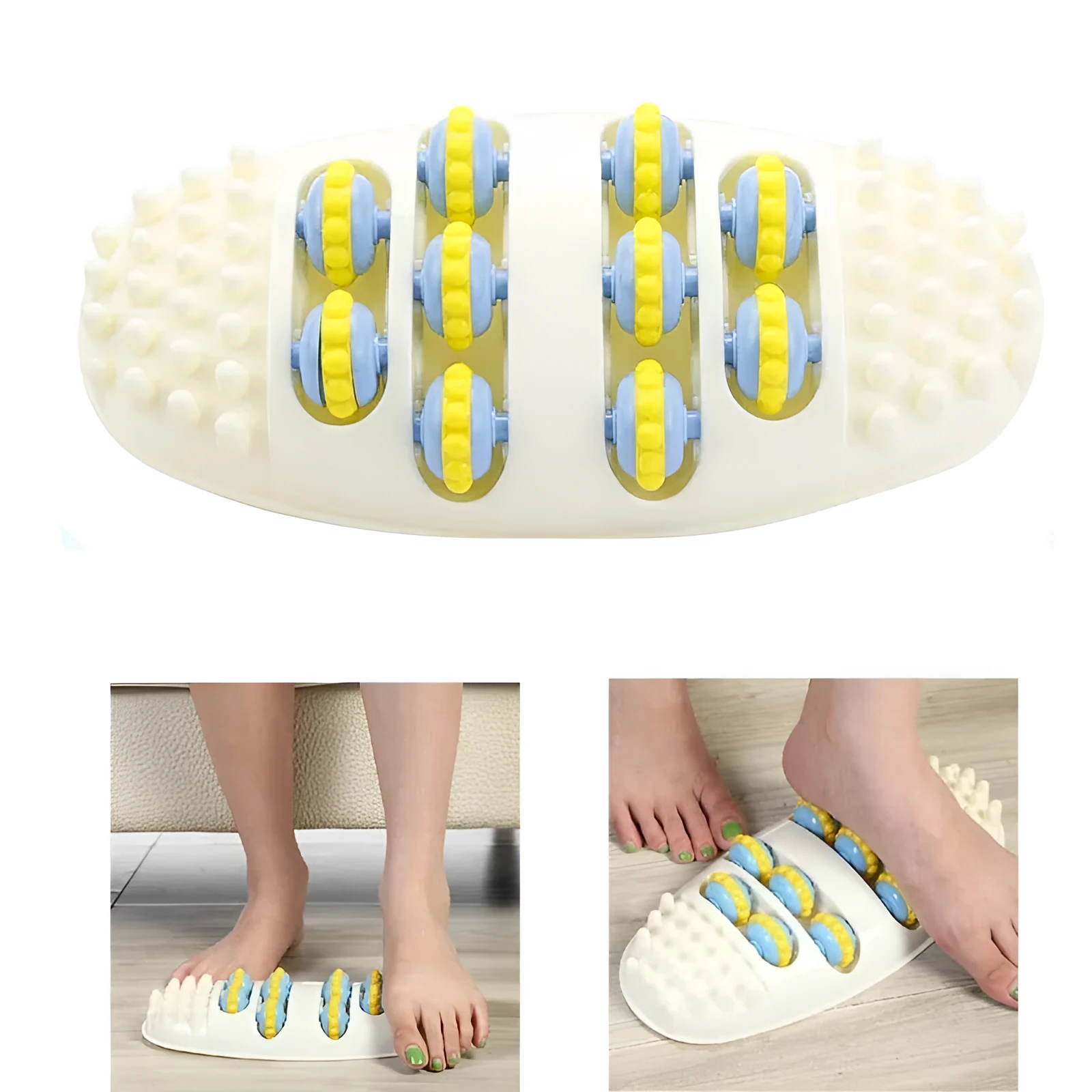 White dual foot acupressure massager roller for plantar fasciitis relief, with textured plastic surface