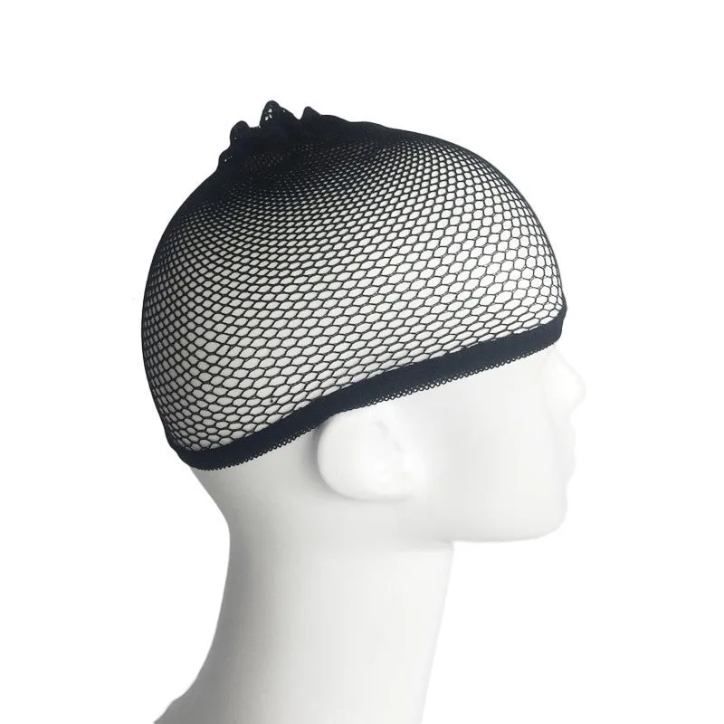 Black elastic wig hair net laid flat showing fine mesh and stitched elastic edge for wig application
