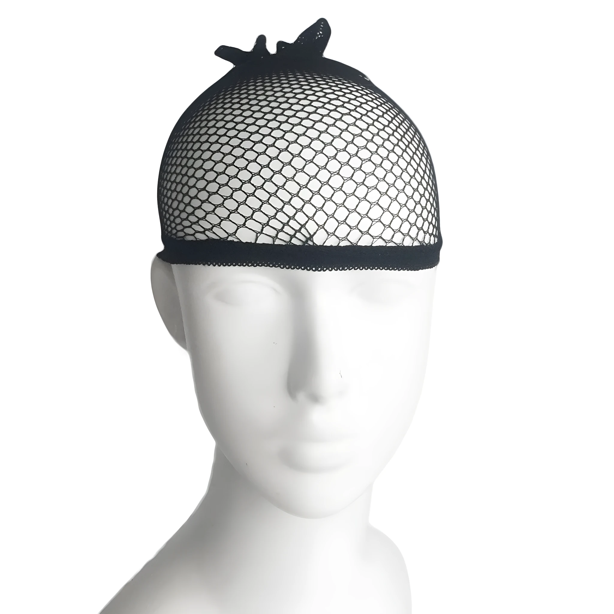 Black elastic wig hair net laid flat showing fine mesh and stitched elastic edge for wig application