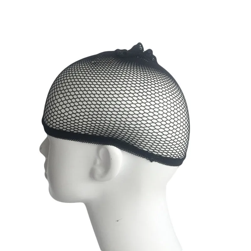 Black elastic wig hair net laid flat showing fine mesh and stitched elastic edge for wig application