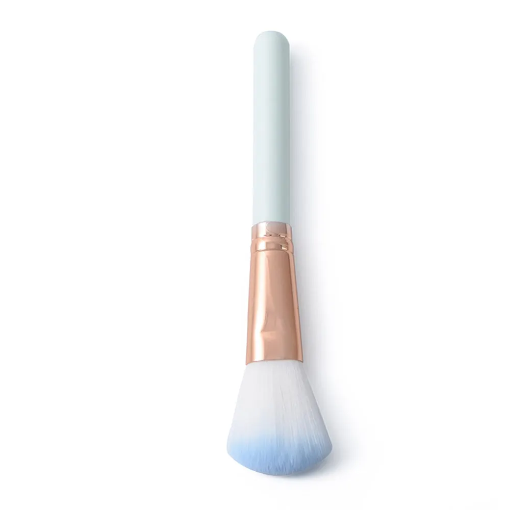 Five mini makeup brush set with plastic handles, short rod design, and man-made fiber bristles in OPP bag packaging