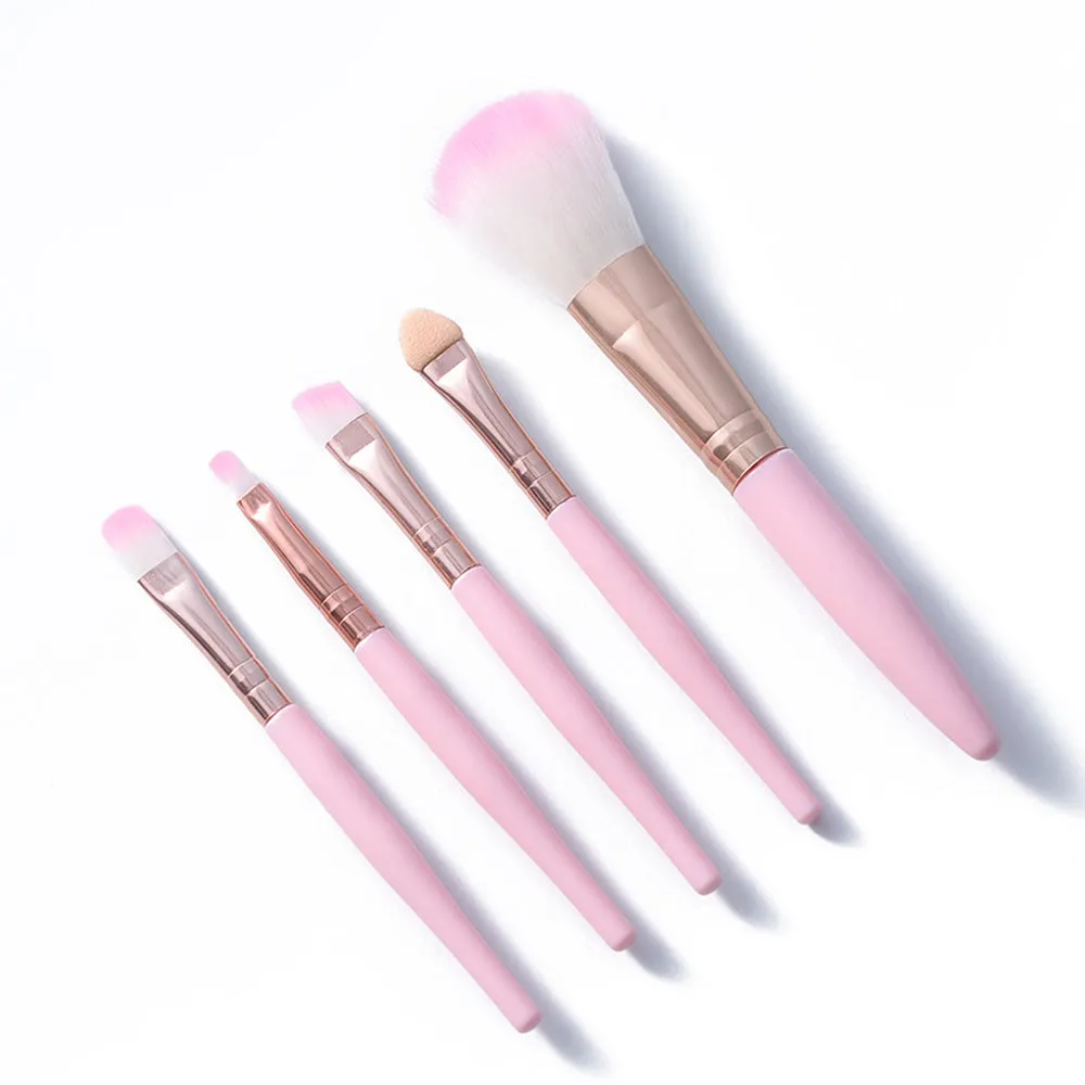 Five mini makeup brush set with plastic handles, short rod design, and man-made fiber bristles in OPP bag packaging