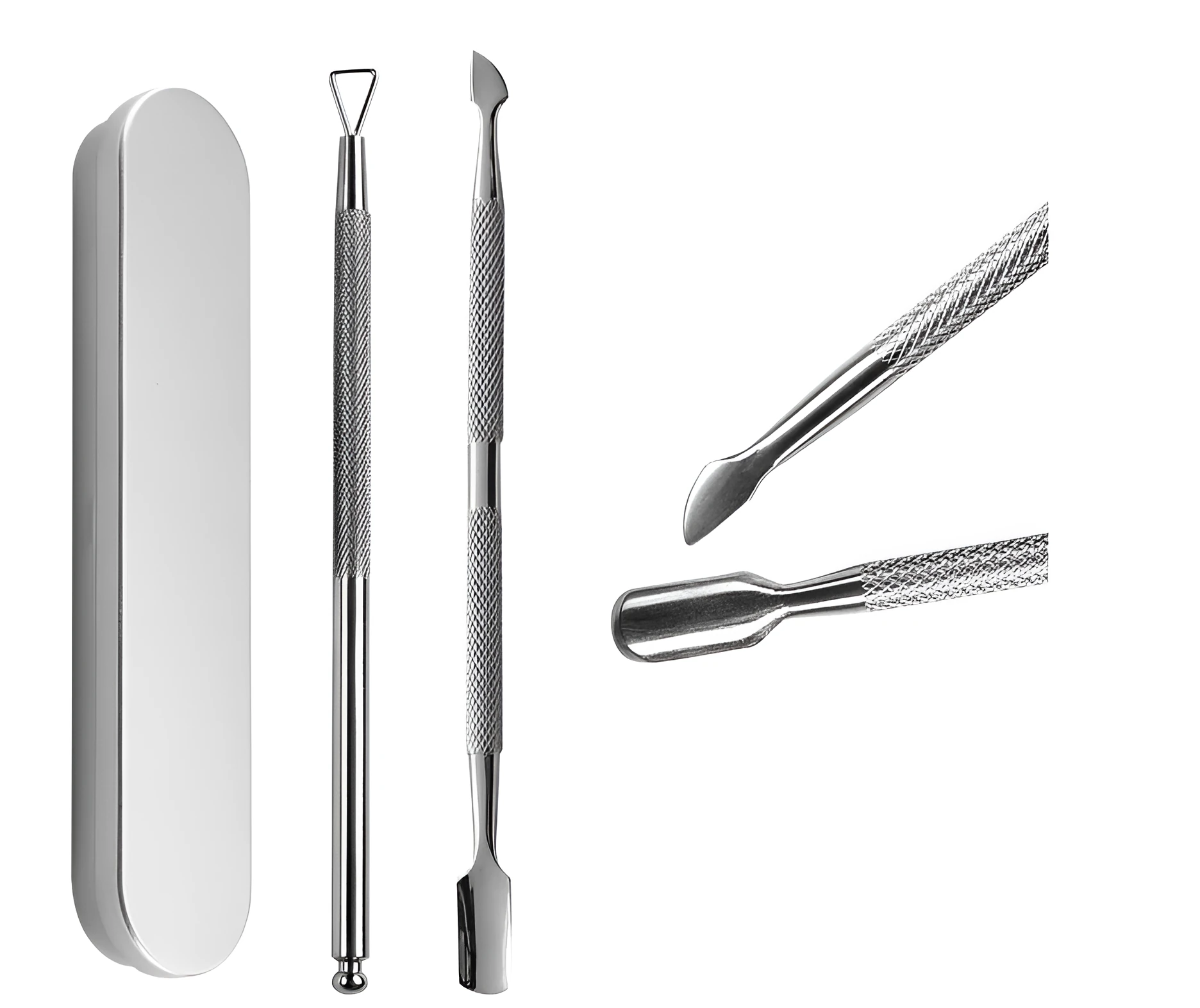 Two stainless steel cuticle pusher spatulas for gel nail polish removal on a plain background