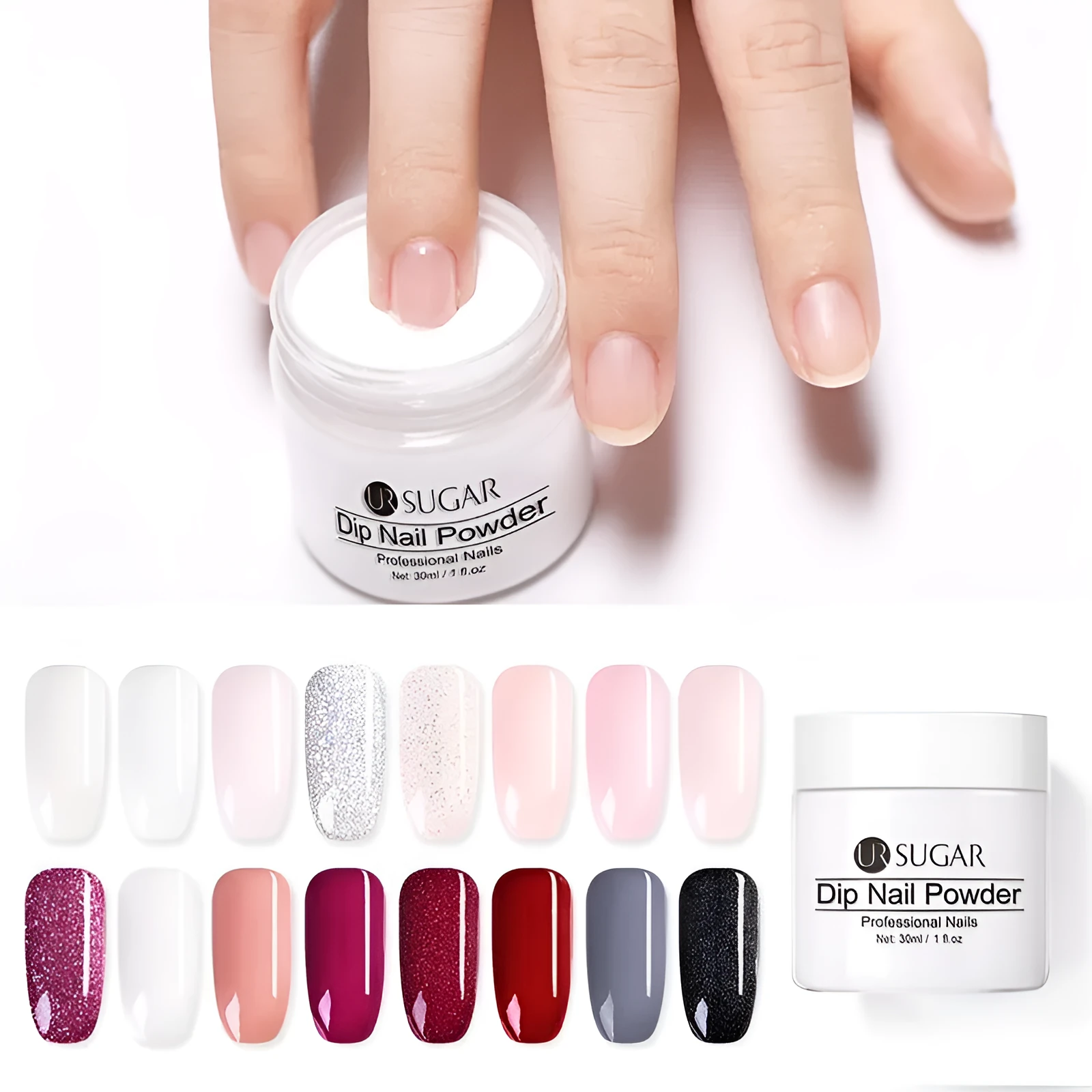 UR Sugar 30ml dipping nail powder bottle in glitter finish with multiple colour options for French manicure