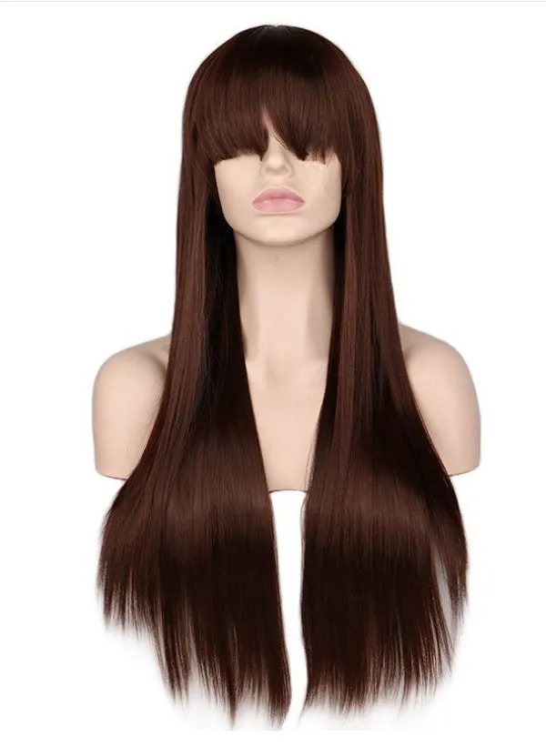 Light pink long straight high temperature silk wig with Qi bangs, adjustable headband for women