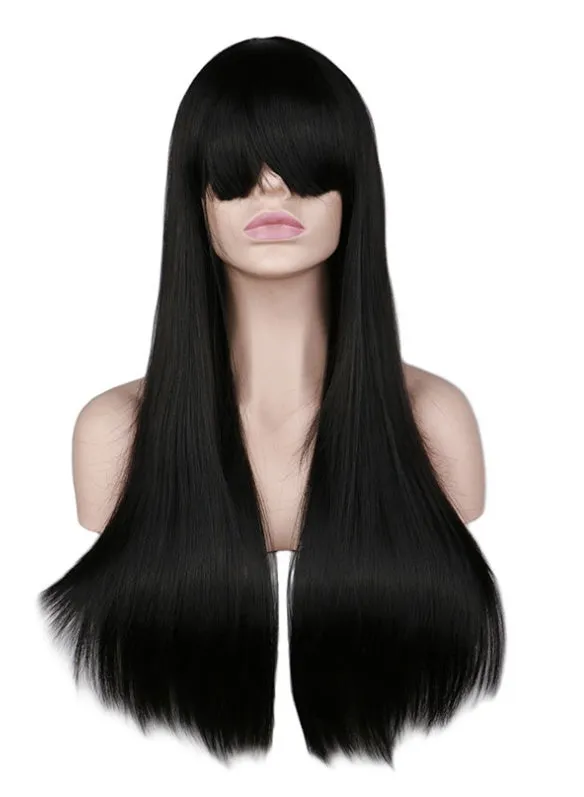 Light pink long straight high temperature silk wig with Qi bangs, adjustable headband for women