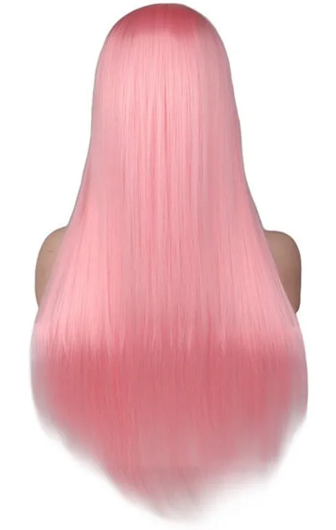 Light pink long straight high temperature silk wig with Qi bangs, adjustable headband for women