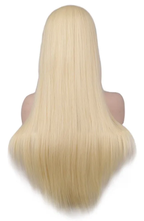 Light pink long straight high temperature silk wig with Qi bangs, adjustable headband for women
