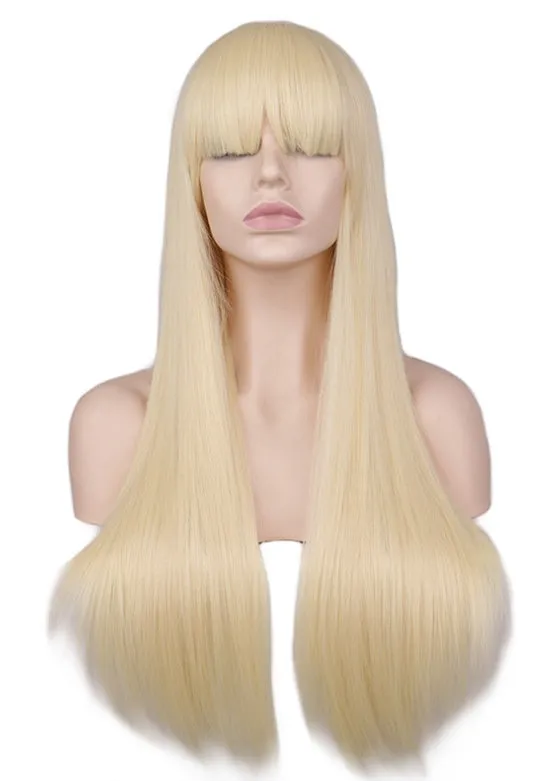 Light pink long straight high temperature silk wig with Qi bangs, adjustable headband for women
