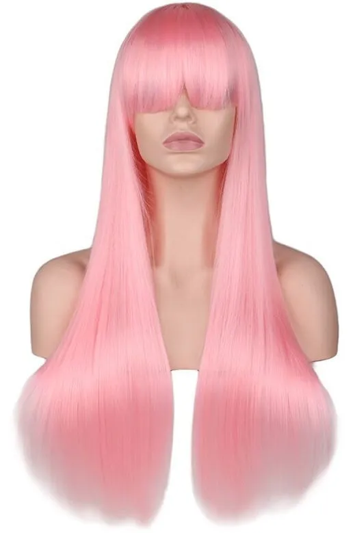 Light pink long straight high temperature silk wig with Qi bangs, adjustable headband for women