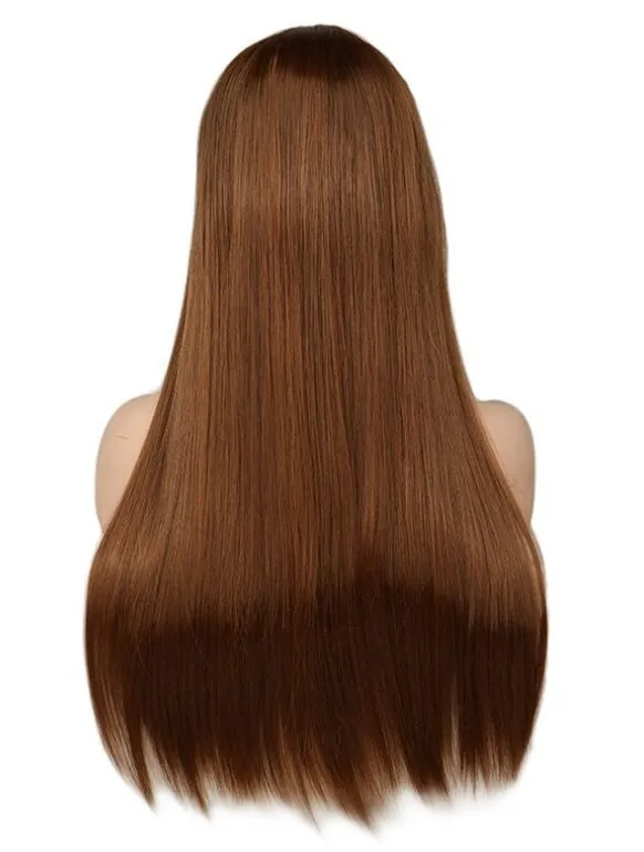 Light pink long straight high temperature silk wig with Qi bangs, adjustable headband for women
