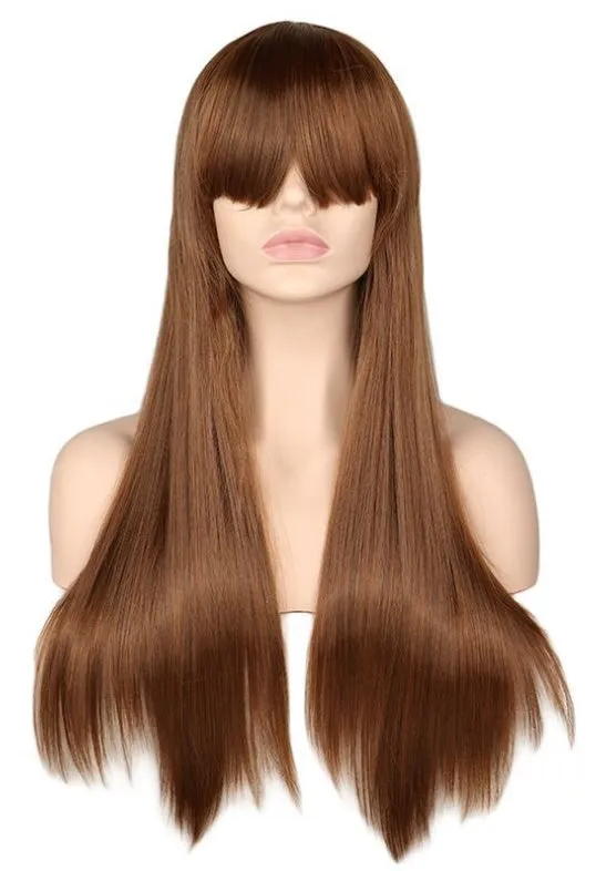Light pink long straight high temperature silk wig with Qi bangs, adjustable headband for women