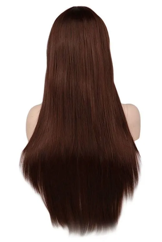 Light pink long straight high temperature silk wig with Qi bangs, adjustable headband for women