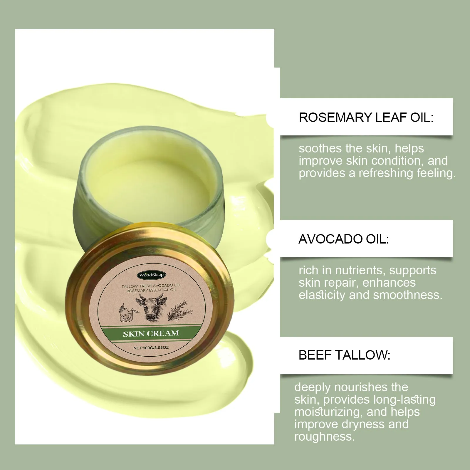 Cow fat skincare cream 100g tube with glycerol and glycerol stearate moisturiser