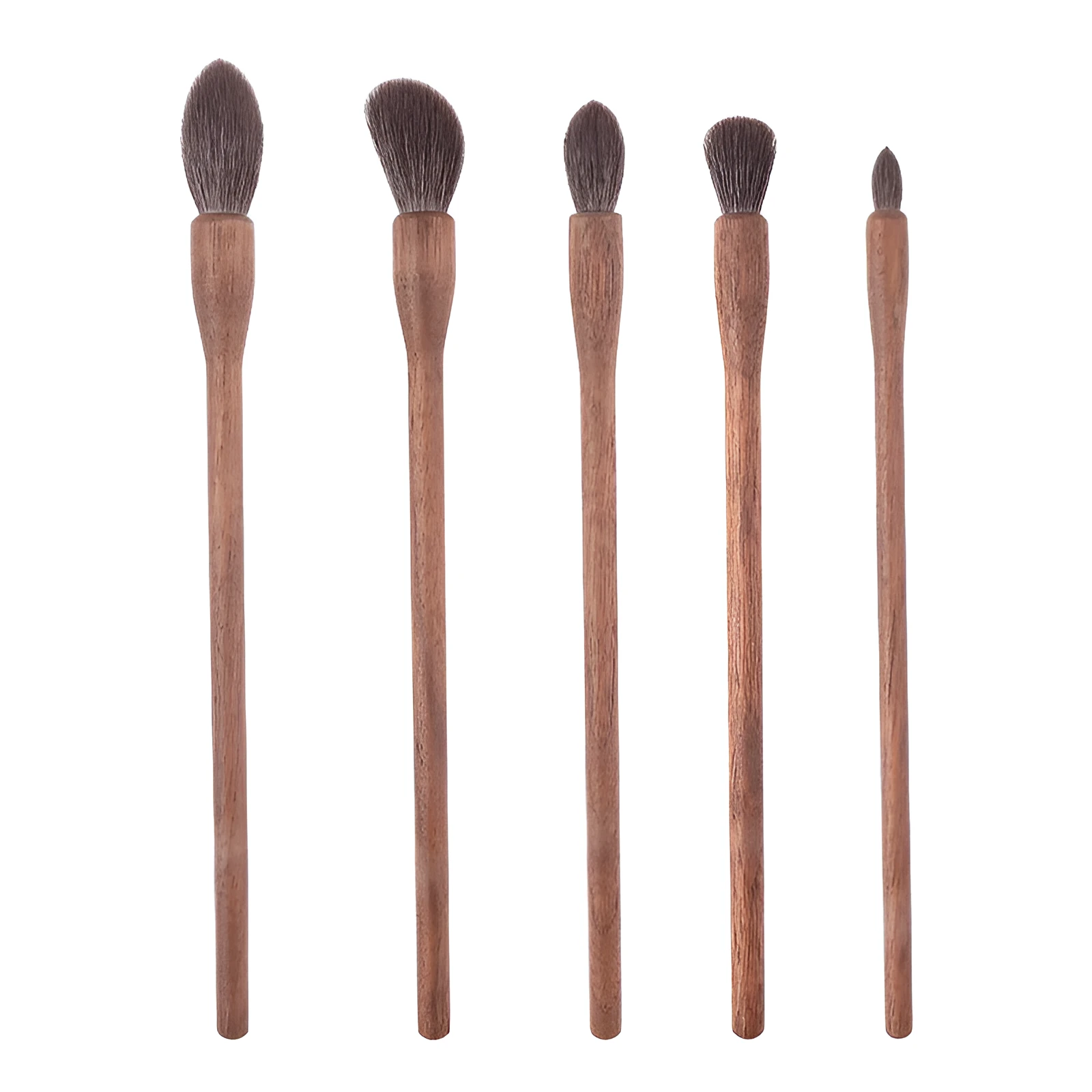 Set of 5 walnut eye makeup brushes with wool bristles on a flat surface.