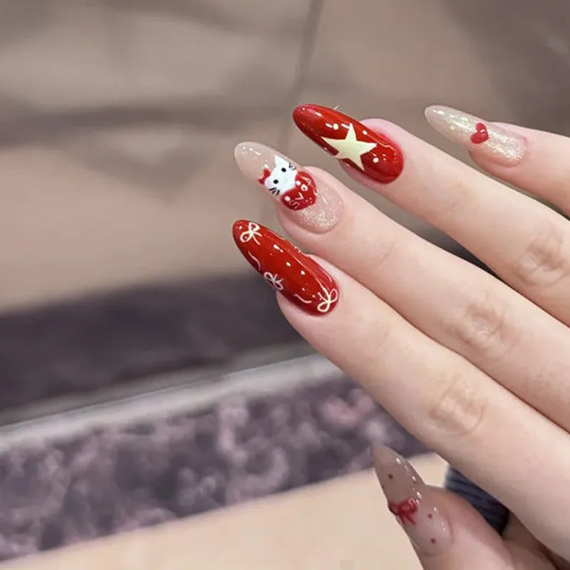 Pink artificial false nails with sweet girl illustrations, sold in sets of 5, 10, or 15.