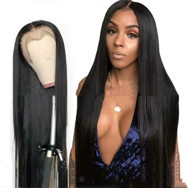 Long straight black wig 26 inch high temperature wire middle part bangs machine made female