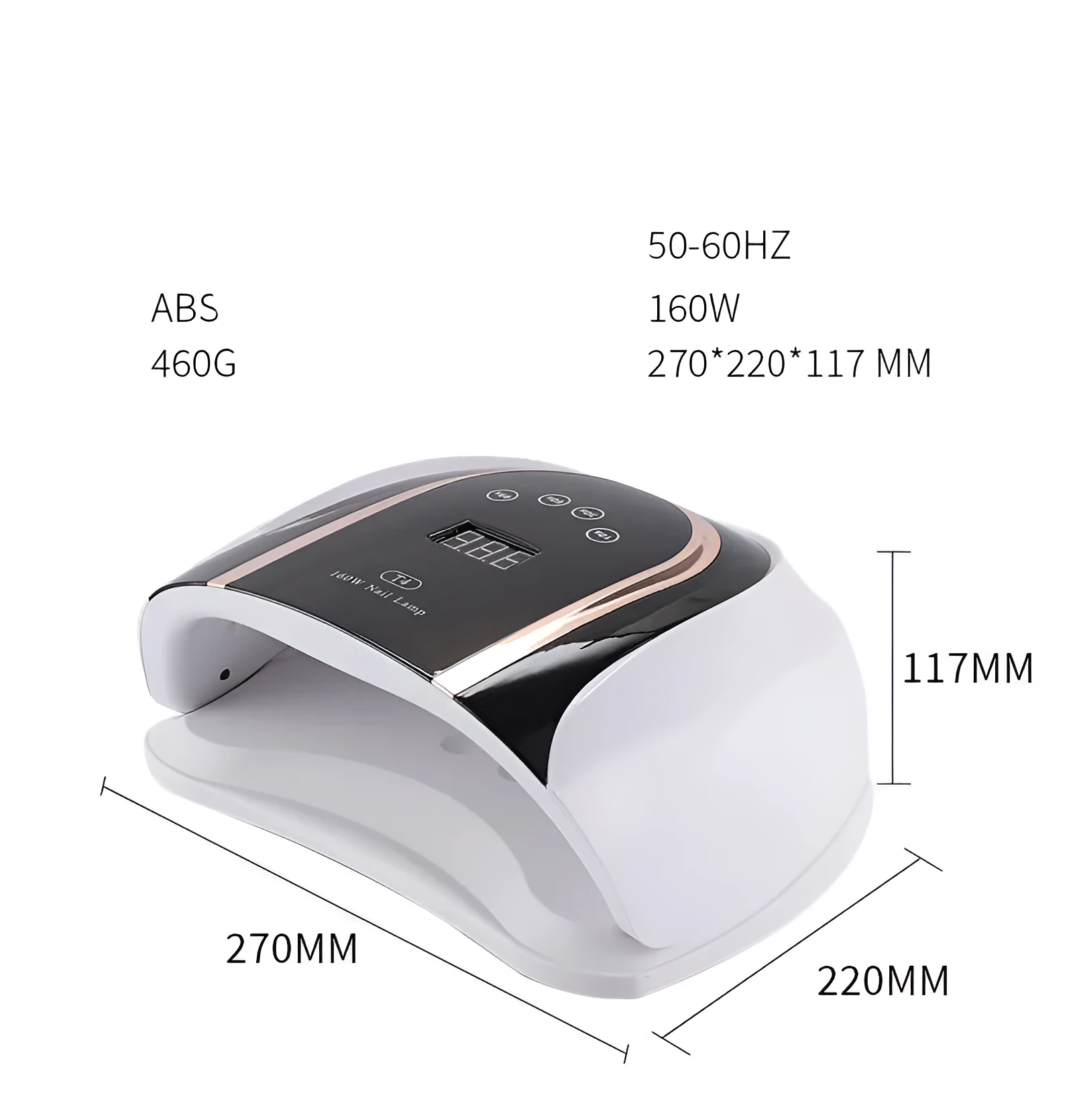 160W touch screen nail lamp with 459 dual light source beads in pink, showing touch panel and removable bottom plate