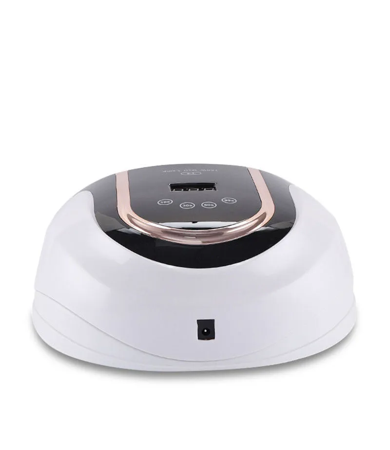 160W touch screen nail lamp with 459 dual light source beads in pink, showing touch panel and removable bottom plate