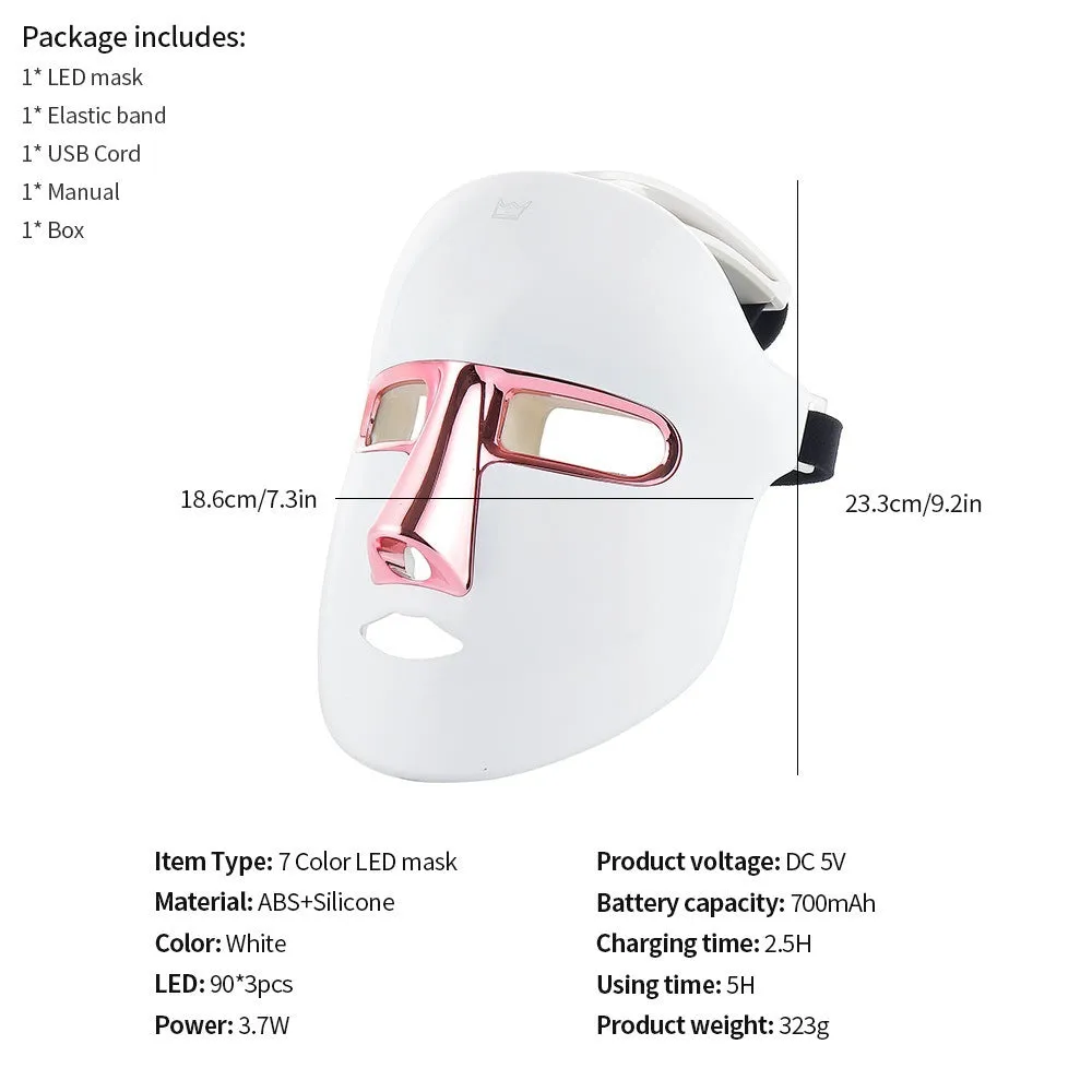 Rose Gold LED facial mask with seven colour lights and elastic band for home use