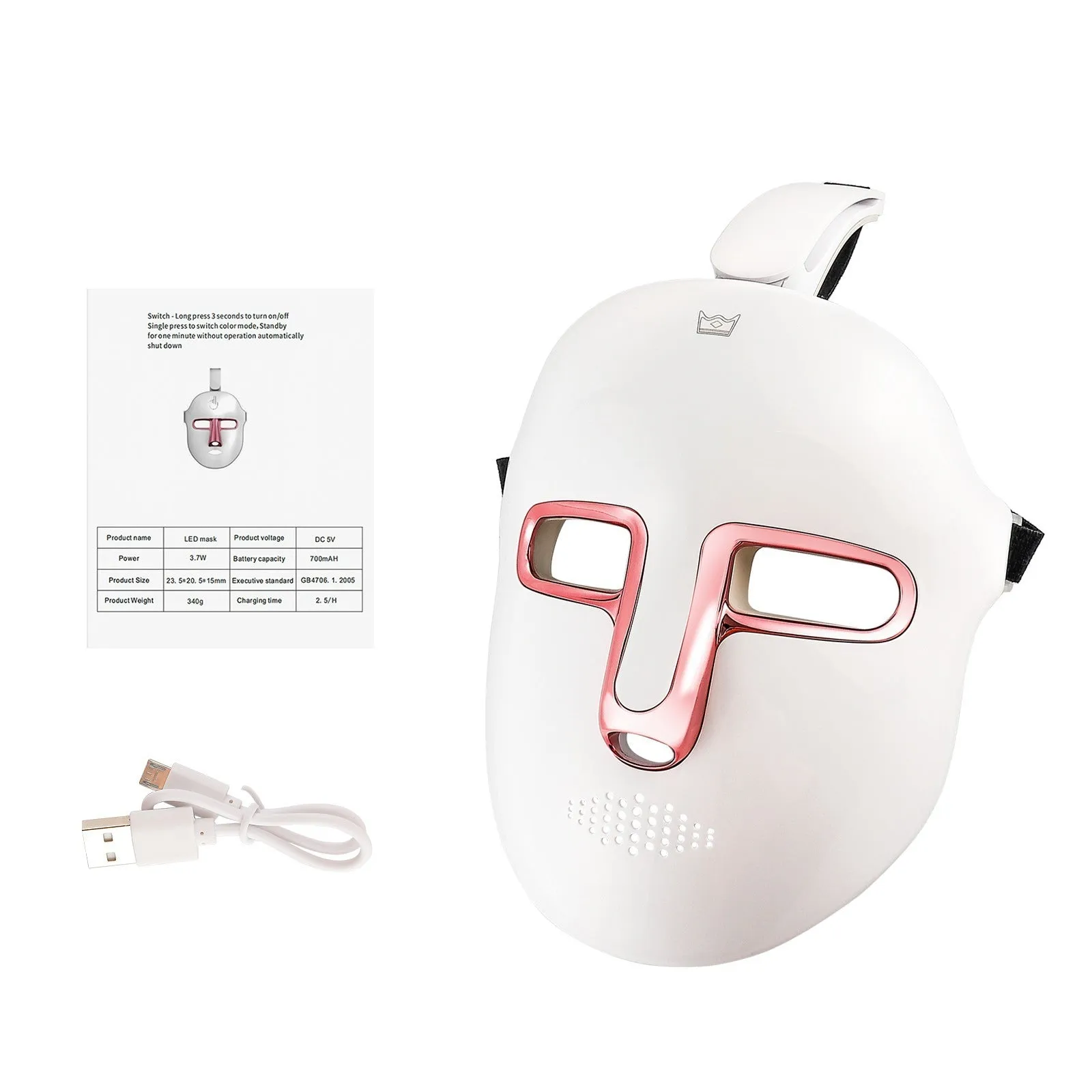 Rose Gold LED facial mask with seven colour lights and elastic band for home use