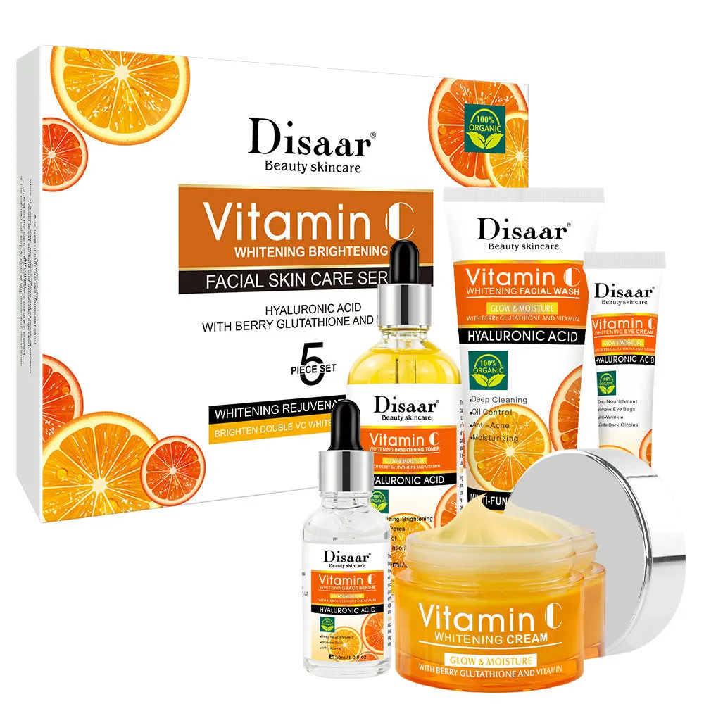 Vitamin C facial care set with toner, emulsion, serum, cream, and eye cream in coordinated packaging