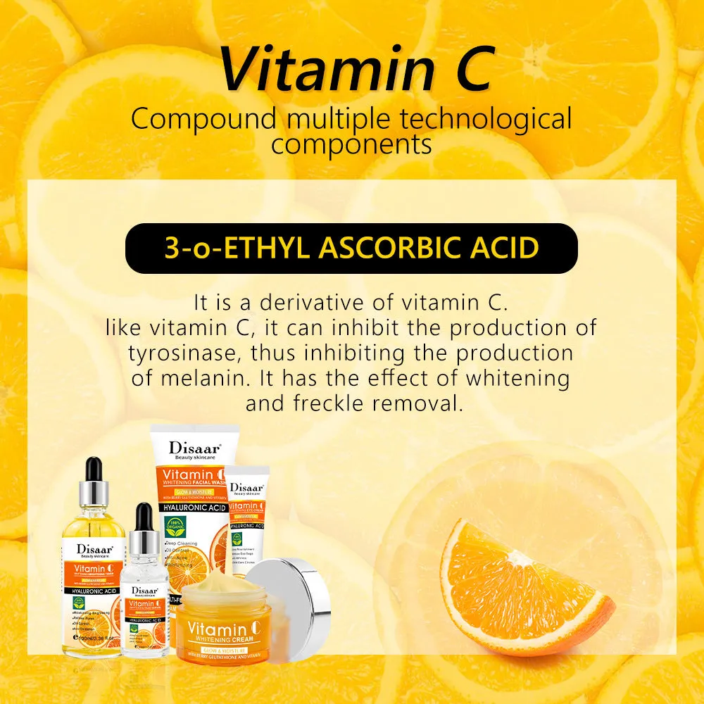 Vitamin C facial care set with toner, emulsion, serum, cream, and eye cream in coordinated packaging